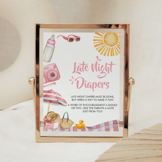 Póster Pink Beach Summer Baby Shower Tarde Diapers (Splish Splash Baby Shower Late Night Diapers Sign)
