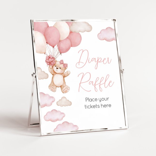 Póster Pink Bear Bearly Wait Diaper Raffle (Pink Baby Bear Balloon Baby Shower Diaper Raffle Sign)