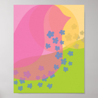 Póster Pink Birdie Green Hill Poster Modern Abstract