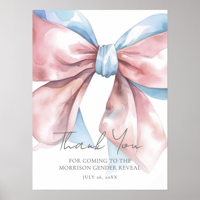 Póster Pink Blue Bow Gender Reveal Thank You Sign (Frente)