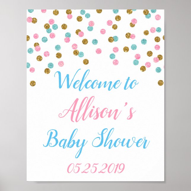 Póster Pink Blue Gold Dots Custom Welcome Sign (Frente)
