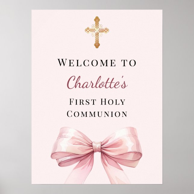 Póster Pink blush bow First Holy Communion welcome (Frente)