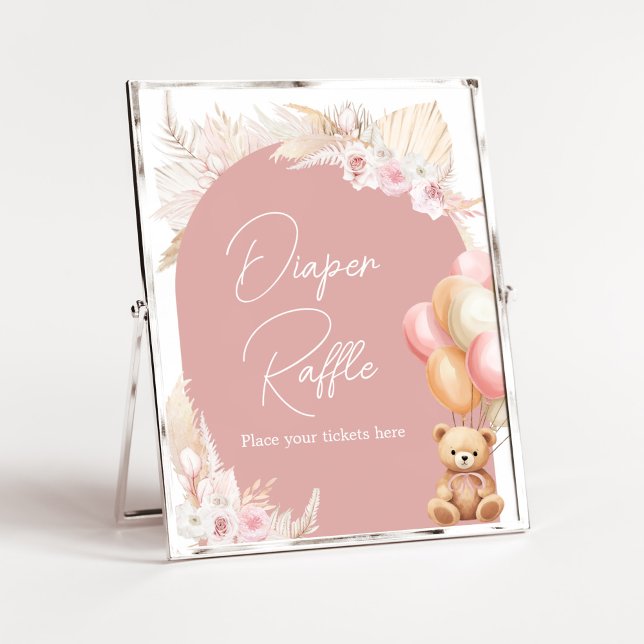 Póster Pink Boho Bear Balloon Baby Shower Diaper Raffle (We Can Bearly Wait Baby Shower Diaper Raffle Sign)