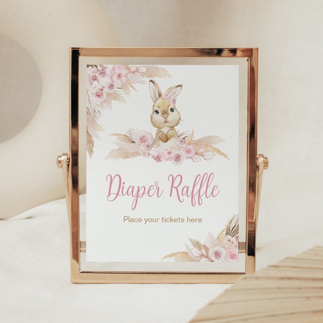 Póster Pink Boho Bunny Baby Shower Diaper Raffle (Pampas Grass Girl Bunny Baby Shower Diaper Raffle Sign)