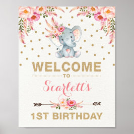 Póster Pink Boho Elephant First Birthday Welcome Sign
