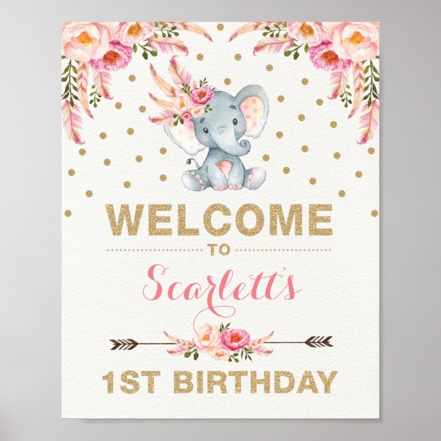 Póster Pink Boho Elephant First Birthday Welcome Sign (Frente)