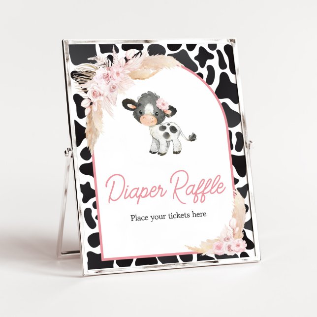 Póster Pink Boho Highland Cow Diaper Raffle (Girl Floral Highland Cow Baby Shower Diaper Raffle Sign)