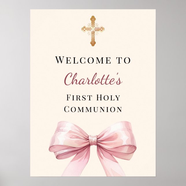 Póster Pink bow blush ivory First Holy Communion welcome (Frente)