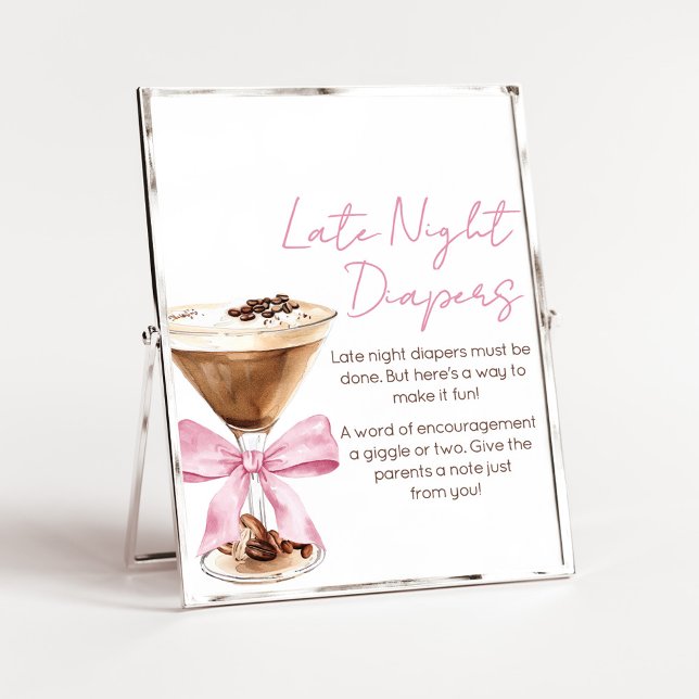 Póster Pink Bow Espresso Shower Late Night Diapers Sign (Espresso Baby Shower Sign)