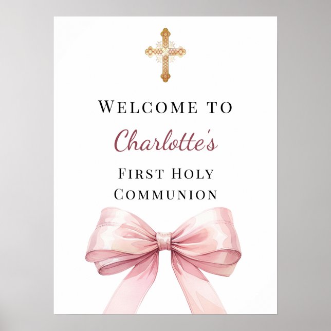 Póster Pink bow First Holy Communion welcome (Frente)