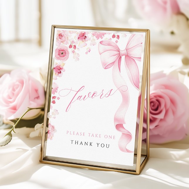 Póster Pink Bow Floral Baby Shower Favors Table Sign (Subido por el creador)