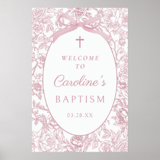 Póster Pink Bow Floral Chinoiserie Baptism Welcome Sign