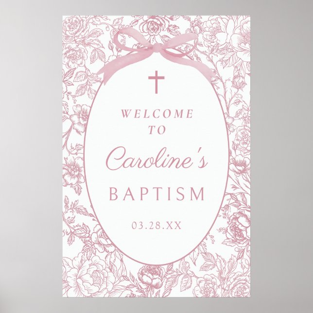 Póster Pink Bow Floral Chinoiserie Baptism Welcome Sign (Frente)