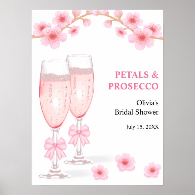 Póster Pink Bow Floral Petals & Prosecco Bridal Shower  (Frente)