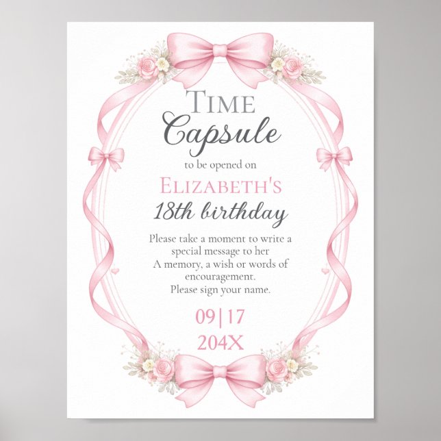 Póster Pink Bow Floral Time Capsule Sign 1st Birthday (Frente)