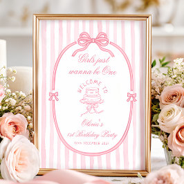 Póster Pink Bow Girl 1st Birthday Welcome