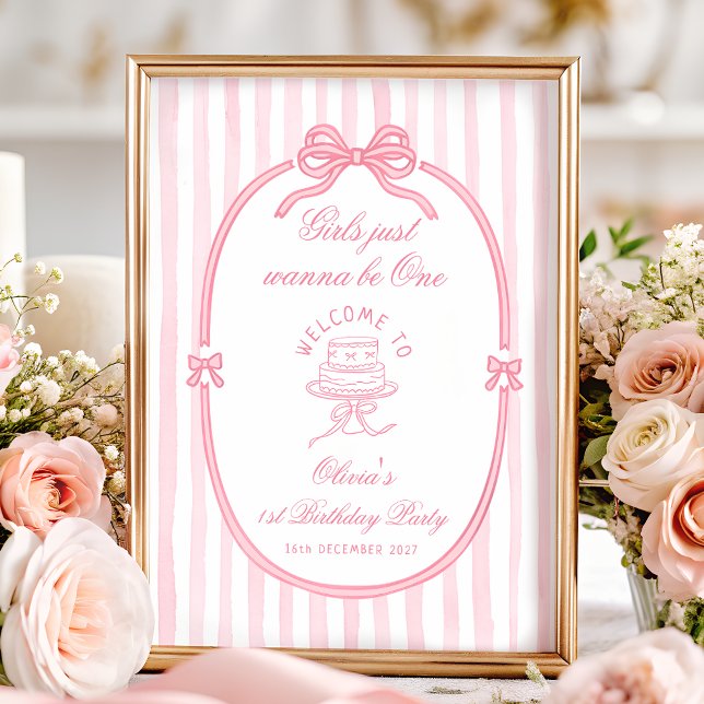 Póster Pink Bow Girl 1st Birthday Welcome (Subido por el creador)