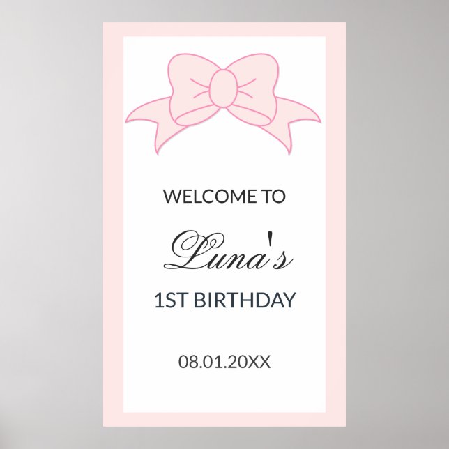 Póster Pink Bow Girl Kids 1st Birthday  (Frente)