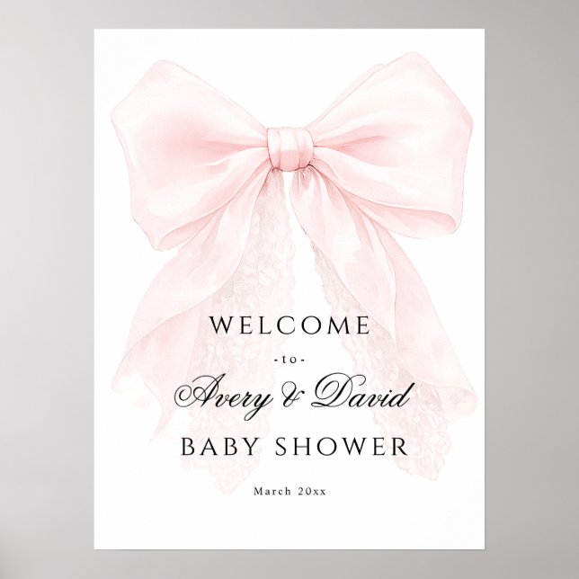 Póster Pink Bow Girl Modern Baby Shower  (Frente)