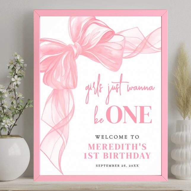 Póster Pink Bow Girls 1st Birthday Welcome Sign (Pink Bow Girls 1st Birthday Welcome Sign)