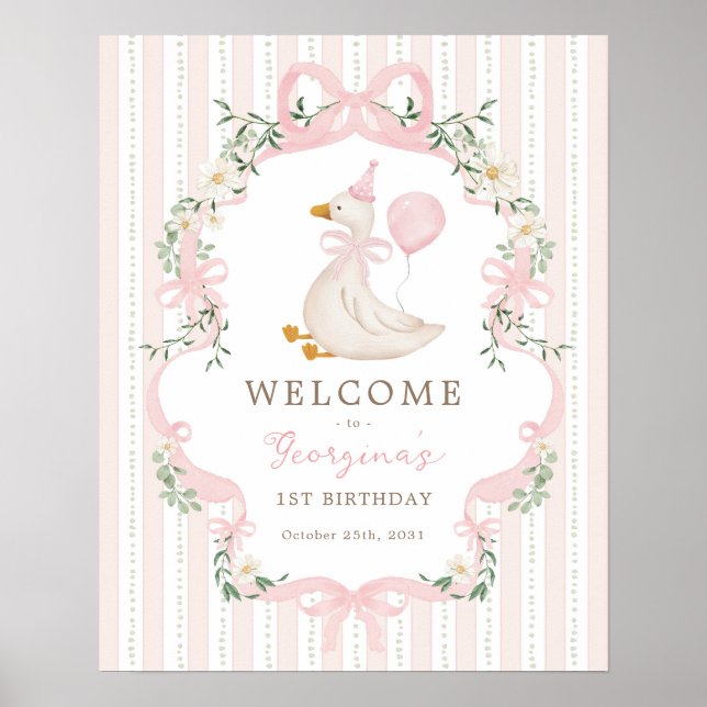 Póster Pink Bow One Silly Goose 1st Birthday Welcome (Frente)
