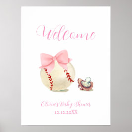 Póster Pink Bow Pacifier Baseball Baby Shower Welcome