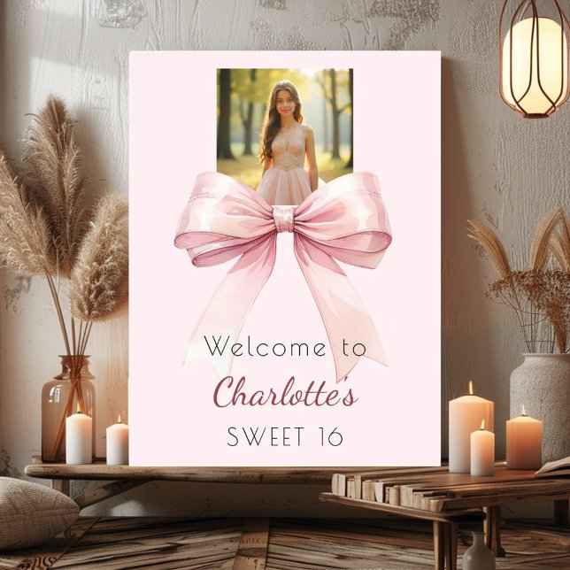 Póster Pink bow photo Sweet 16 party welcome (Subido por el creador)