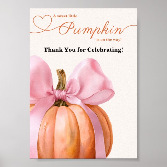 Póster Pink Bow Pumpkin Baby Shower "Gracias (Frente)