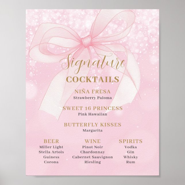 Póster Pink Bow Ribbon Sweet 16 Signature Cocktails Menu (Frente)