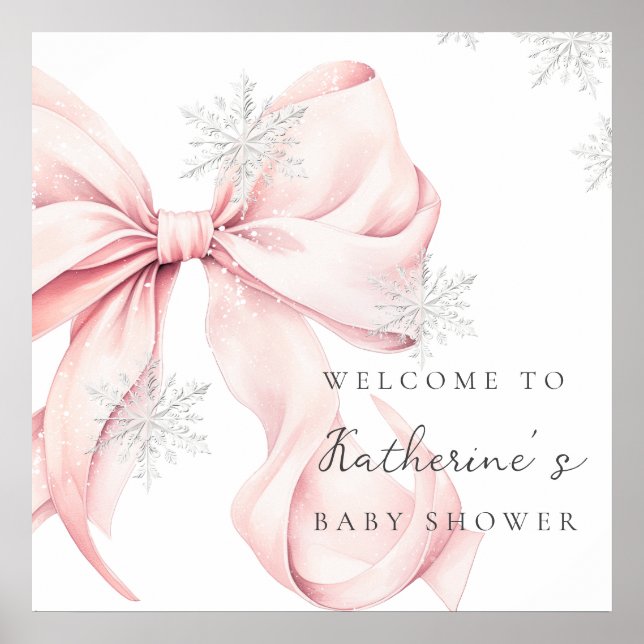 Póster Pink Bow Snowflakes Baby Shower Welcome Poster (Frente)