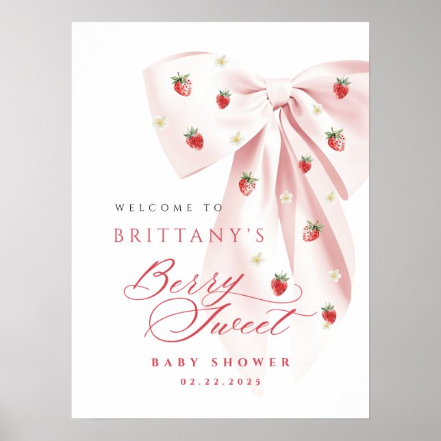 Póster Pink Bow Strawberry Baby Shower Poster (Frente)