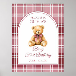 Póster Pink Bow Teddy Bear Birthday Welcome Sign