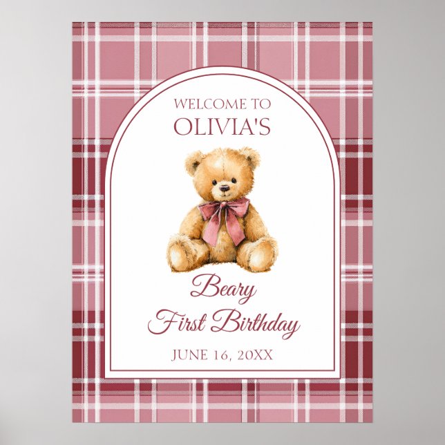 Póster Pink Bow Teddy Bear Birthday Welcome Sign (Frente)