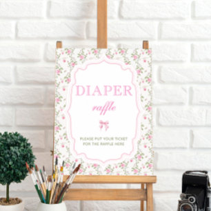 Póster Pink Bow Vintage Floral Baby Shower Diaper Raffle