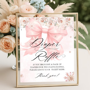 Póster Pink Bow Winter Baby Shower Diaper Raffle
