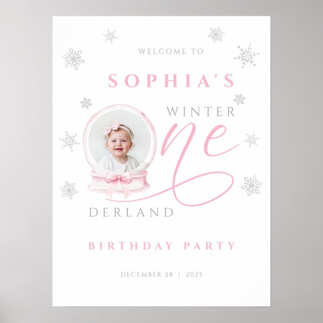 Póster Pink Bow Winter First Birthday Welcome Sign (Frente)