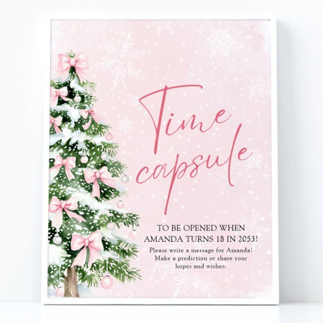 Póster Pink Bows Rótulo de juego de cápsula de tiempo de  (Pink Bows Christmas Tree Time Capsule Game Sign)