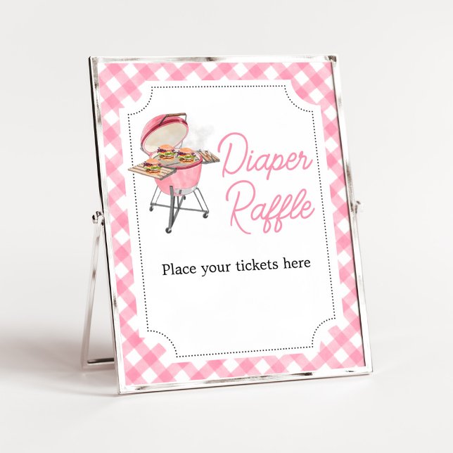 Póster Pink Burger BBQ Baby Shower Diaper Raffle (Girl Backyard BBQ Baby Shower Diaper Raffle Sign)