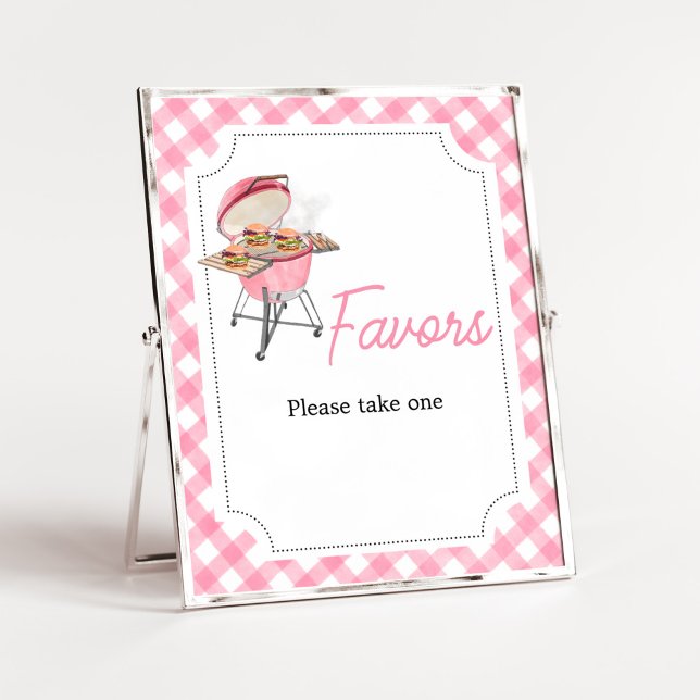 Póster Pink Burger BBQ Baby Shower Favores (Girl Backyard BBQ Baby Shower Favors Sign)