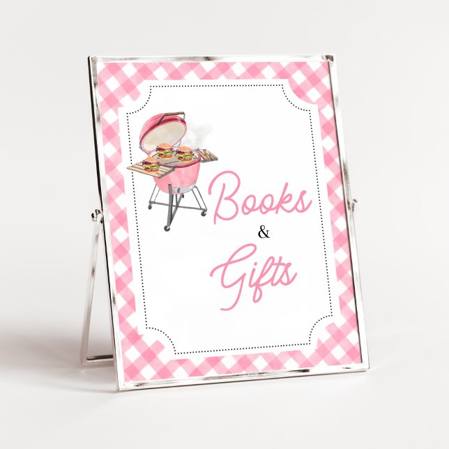 Póster Pink Burger BBQ Baby Shower Libros y regalos (Girl Backyard BBQ Baby Shower Books and Gifts Sign)