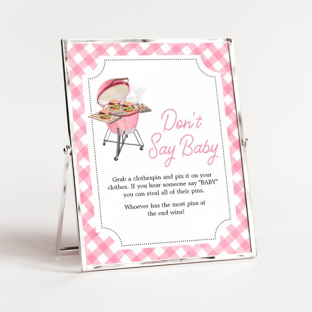 Póster Pink Burger BBQ Baby Shower no dice bebé (Girl Backyard BBQ Baby Shower Don't Say Baby Sign)