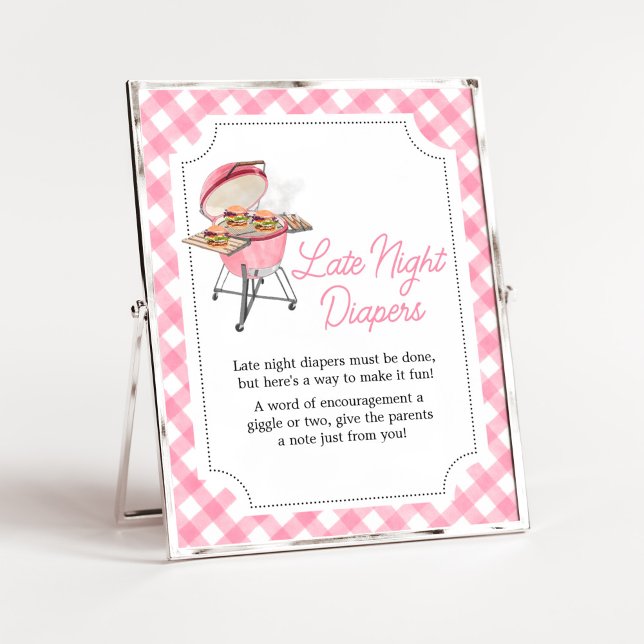 Póster Pink Burger BBQ Baby Shower Tarde Noche Diapers (Girl Backyard BBQ Baby Shower Late Night Diapers Sign)