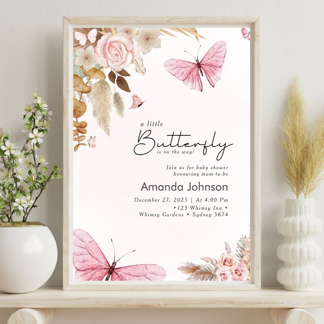 Póster Pink Butterfly Pampas Grass Bohemian Baby Shower  (Subido por el creador)
