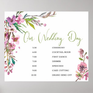 Póster Pink Cherry Blossom Floral Wedding Schedule Sign