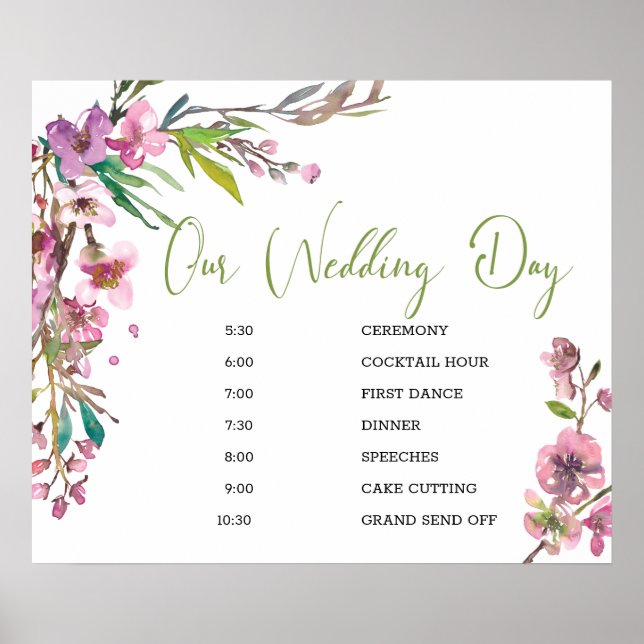 Póster Pink Cherry Blossom Floral Wedding Schedule Sign (Frente)