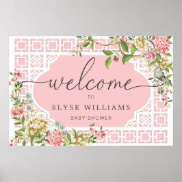 Póster Pink Chinoiserie Floral Baby Shower Welcome Sign