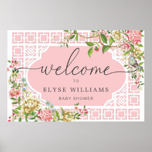 Póster Pink Chinoiserie Floral Baby Shower Welcome Sign