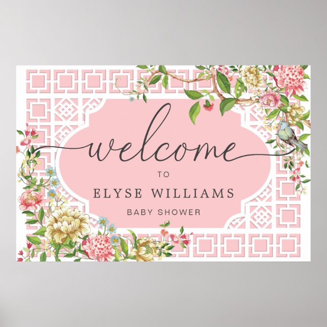 Póster Pink Chinoiserie Floral Baby Shower Welcome Sign (Frente)