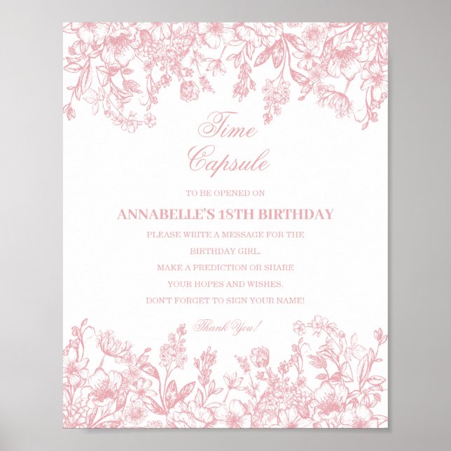 Póster Pink Chinoiserie Floral Time Capsule Baby Birthday (Frente)