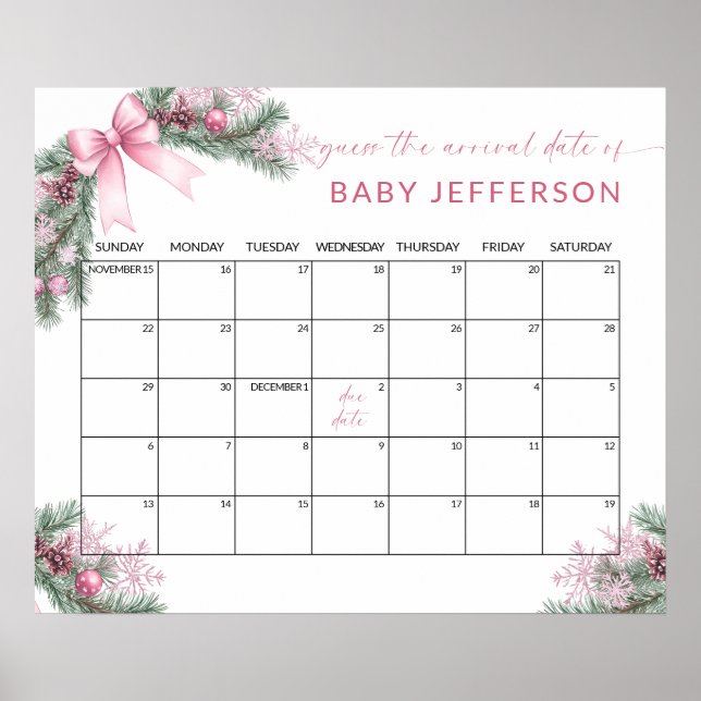 Póster Pink Christmas Baby Shower Guess Due Date Calendar (Frente)